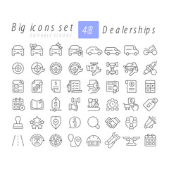 Dealerships linear icons set. Warranty protection, license documentation. Car maintenance, vehicle repair. Customizable thin line symbols. Isolated vector outline illustrations. Editable stroke