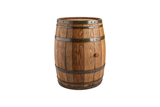 A single whiskey or wine barrel, upright, showcasing detailed wood grain and metal rings. A small wooden plug is visible, hinting at aged craftsmanship, isolated on a transparent background