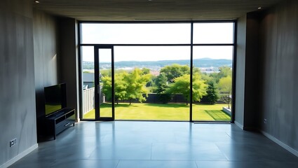 Fototapeta premium Modern Apartment Interior with Concrete Walls and Panoramic Yard View | Generative AI
