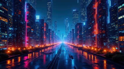 Cyberpunk pattern aesthetics, Neon-lit cityscape at night with glowing hexagonal patterns endless buildings and vibrant data streams glowing brightly.