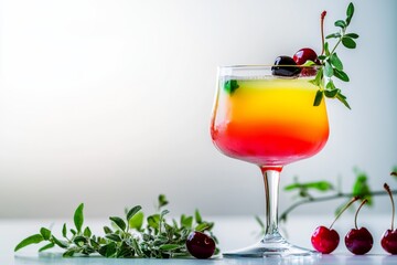 Colorful drink in a tall glass with a cherry on top. The drink is a mix of different colors and has a cherry garnish. The drink is placed on a table with some leaves and cherries around it