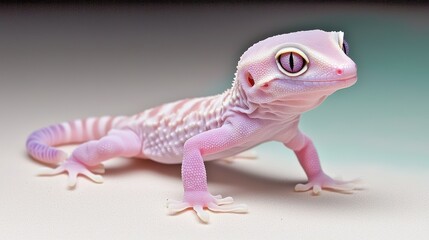 Naklejka premium A unique pink gecko with striking features and a smooth texture, poised on a light surface, showcasing its vibrant coloration and intricate patterns.