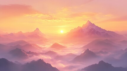 A serene mountain sunrise with golden rays illuminating the peaks, misty valleys below, and a soft pink and orange sky in the distance