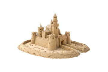 An imposing sandcastle with high walls, conical turrets, and a steep staircase leading to an arched entrance, isolated on a transparent background