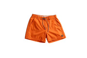 Bright orange swim shorts with a black button accent, adjustable drawstrings, and side pockets. The fabric appears lightweight and breathable, isolated on a transparent background