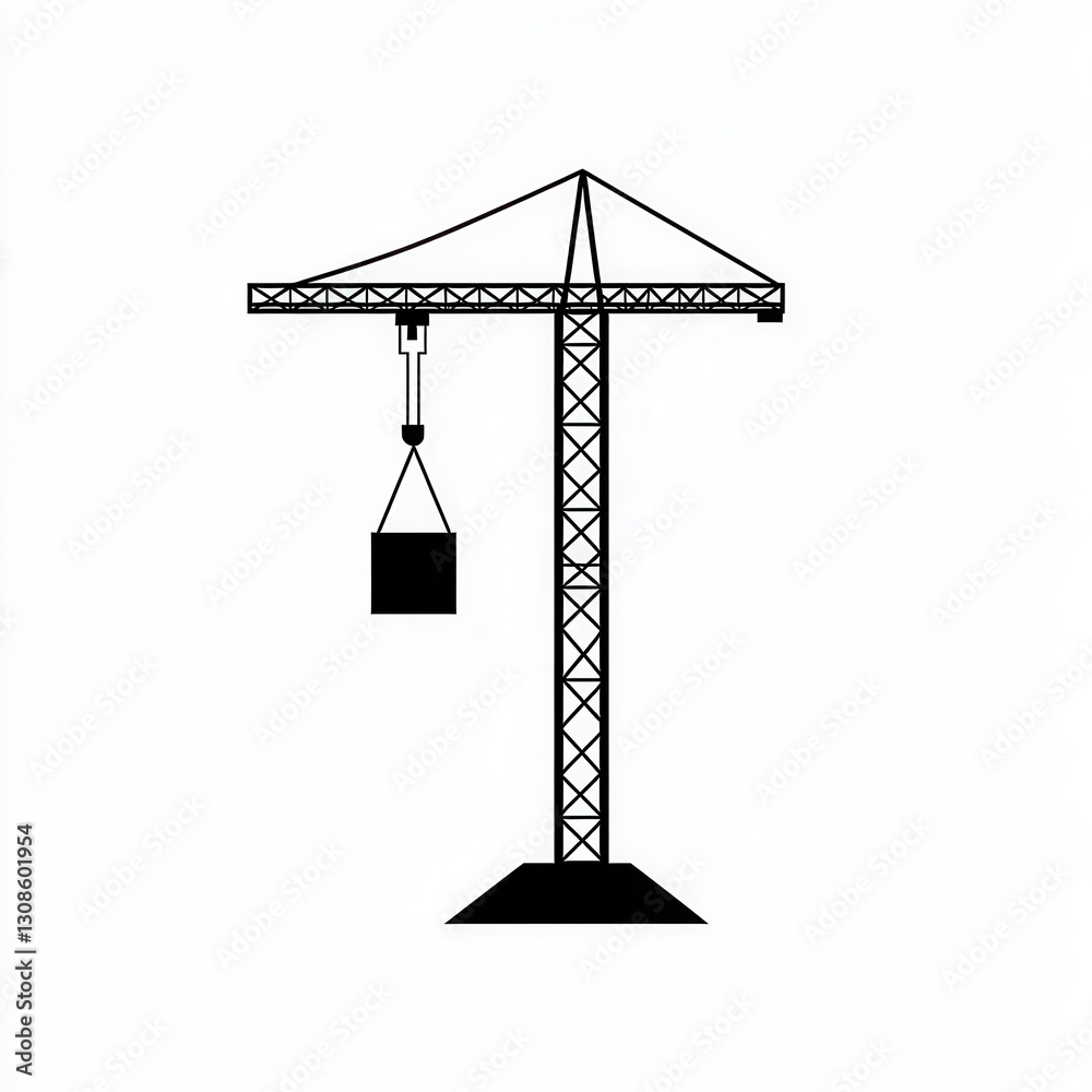 Poster minimalist tower crane logo design featuring silhouette lifting block in modern line art style