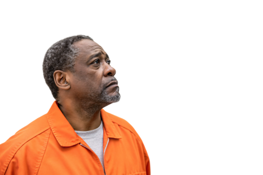 Elderly Black man in an orange jumpsuit, looking up with a contemplative expression. A well-groomed beard and gray hair contrast with his prison attire, isolated on a transparent background - Powered by Adobe