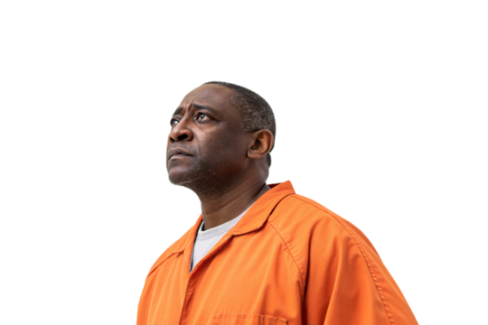 Middle-aged Black man in an orange jumpsuit, gazing upward with a serious expression. Strong lighting emphasizes facial features and subtle wrinkles, isolated on a transparent background