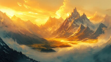 Obraz premium A calming sunrise over a mountainous landscape, with warm golden light illuminating the peaks and gentle mist curling through the valleys