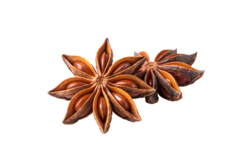 Two star anise pods, beautifully arranged, revealing rich brown tones, symmetrical pointed petals, and glossy seeds, isolated on a transparent background