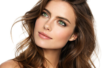 Naklejka premium Woman with deep green eyes and soft waves, gazing thoughtfully. Subtle pink lips and defined brows enhance her sophisticated elegance, isolated on a transparent background