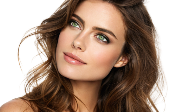 Woman with deep green eyes and soft waves, gazing thoughtfully. Subtle pink lips and defined brows enhance her sophisticated elegance, isolated on a transparent background