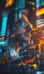 Visionary Trader Navigating Financial Data Stream in the Dynamic Urban Landscape Setting
