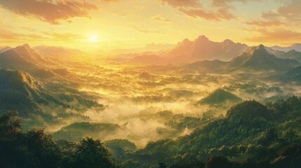 Obraz premium A golden sunrise illuminating a serene mountain range, with thick mist weaving through the valleys and pastel skies above