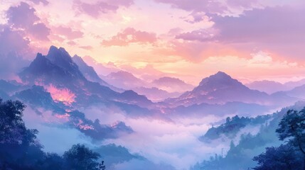Obraz premium A peaceful mountain scene at sunrise, with glowing peaks, soft mist rolling through the valleys, and a tranquil pastel sky overhead