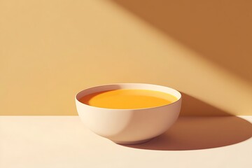 Orange liquid in a bowl, sunlight.