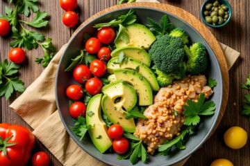 A Delicious Healthy Meal Presented Beautifully On A Wooden Surface