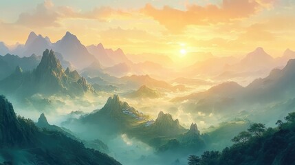 Fototapeta premium A peaceful sunrise over misty mountain valleys, with golden light spreading across the rugged peaks and a serene, atmospheric vibe