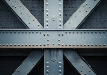 Fototapeta premium Industrial Steel Structure with Rivets and Crossbeams in Urban Environment, Textured Surface, Gritty Aesthetic with Rust and Wear Patterns