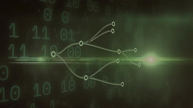 Animation of binary code and data flow lines on glowing green digital background