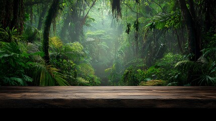 Wooden Table in a Lush Green Tropical Jungle
