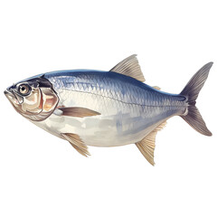 Obraz premium A detailed illustration of a fish, showcasing its silvery scales and intricate details. The artwork is set against a black background, highlighting the fish's form.