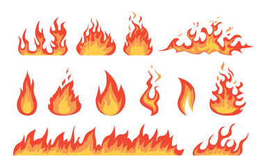 Cartoon fire flames flat collection. Fire flames, bright fireball, heat wildfire and red hot bonfire, campfire. Vector illustration.