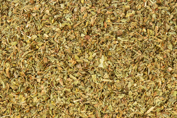 Close-up of dried mint cooking herb background backdrop. Dried herb condiment cookery food concept.