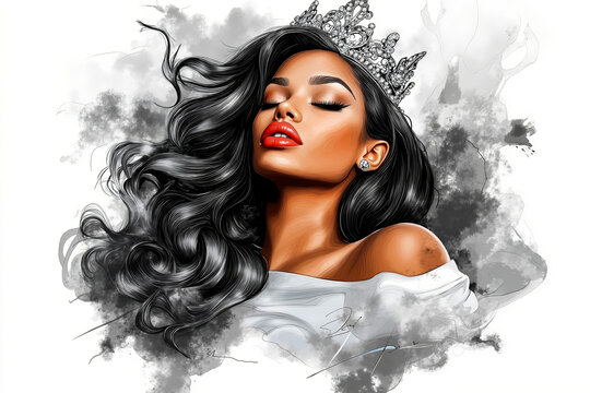 A drawing of a woman with long black hair wearing a tia