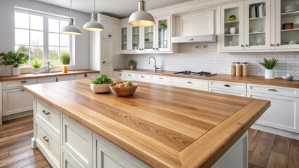 Fototapeta premium Bright Kitchen Island with Light Wood Countertop and White Cabinets
