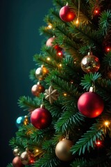 Decorated evergreen tree with colorful ornaments and lights, holiday decor, christmas decorations