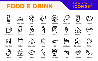 Food and Drink Icons Collection. Vector-Based Icons for Cooking, Dining, Beverages, Restaurant, and Fast Food Design