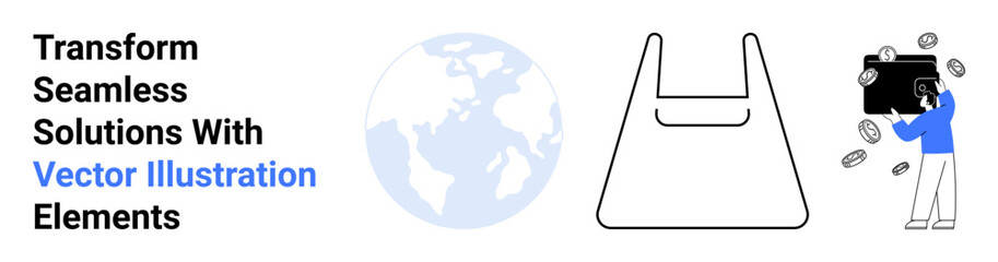 Earth globe, reusable shopping bag, person tossing coins into a floating wallet. Ideal for sustainability, eco-awareness, financial planning, global initiatives, environmental care, smart solutions