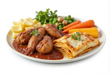 A plated meal featuring sausage carrots peas and a pancake