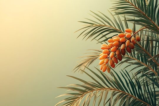 Ripe dates on palm tree branch, sunlight.