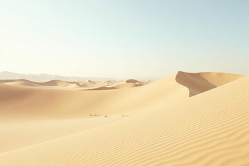 Desert landscape with sandy dunes stretching out to infinity on white, empty, beige, desert