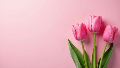 Naklejka premium Delicate pink tulips bloom against a soft pink and white backdrop , nature, soft