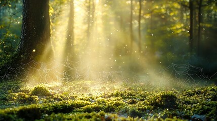 Fototapeta premium Sunlit Forest Dewdrops