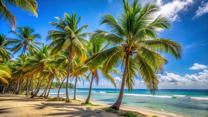 Lush Tropical Beach with Palm Trees Under a Bright Blue Sky