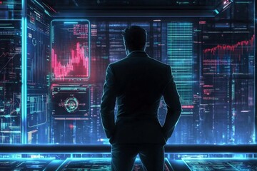 Obraz premium A cyberpunk-style entrepreneur wearing a sleek suit, surrounded by glowing neon charts and digital currency symbols in a high-tech trading hub.