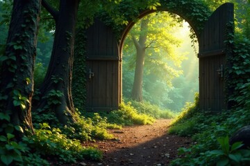 Forest clearing with light spilling from ancient wooden door, shadows, door, forest floor