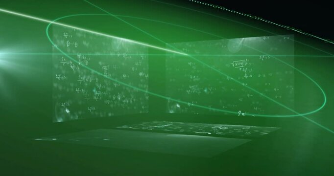 Animation of glowing lines and mathematical equations in green digital space