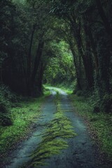 An abandoned road in the middle of a dense forest, overgrown with moss and vines, giving a post-apocalyptic and eerie feeling.