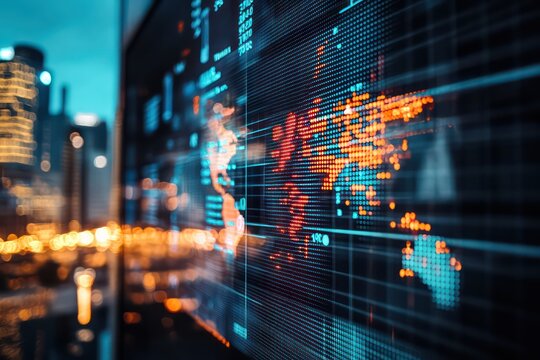 A digital financial screen showcasing global trading markets, stock data, and economic indicators, with a corporate city backdrop. - Powered by Adobe
