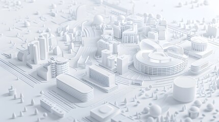 Isometric white city template, minimalist 3D urban landscape with clean monochrome buildings, roads, and infrastructure, futuristic architectural design, vector illustration