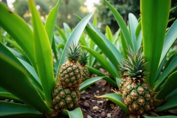 Fototapeta premium Green leaves on pineapple trees surrounding a garden filled with ornamental plants, Eco Friendly, Pineapple Trees, Healthy Environment
