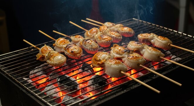 Grilled seafood skewers sizzling over charcoal, creating a smoky atmosphere at a vibrant street market - callo de hacha