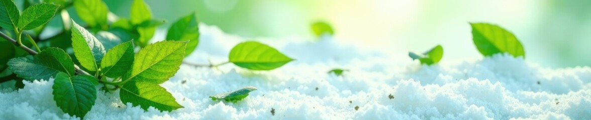 Obraz premium Leafy greens scattered on a snowy white surface, nature, foliage