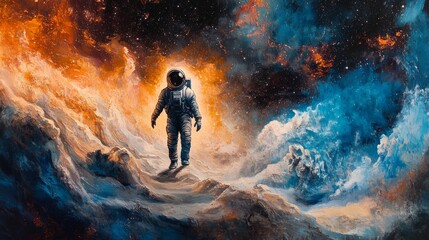 Obraz premium An astronaut walks through a dramatic, fiery landscape with intense colors, blending blue and orange to depict a vibrant alien world. Ideal for sci-fi concepts and adventure themes.. AI Generation