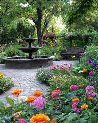 Garden Serenity: A picturesque garden scene with a tiered fountain, brick pathways, vibrant flowers, and lush greenery creating a tranquil and inviting atmosphere.